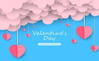 Poster or banner with paper cut sky and clouds. Happy Valentine's Day header with hanging hearts. vector