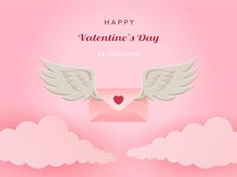 Happy Valentine's day. Pink paper envelope with angel wings and red heart. Realistic 3d design congratulations mail, falling envelope. Holiday background. Letters Be my Valentine. vector