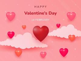 Happy Valentine's day poster or voucher. Beautiful paper cut white clouds with pink heart frame on pink background. Papercut style. Place for text. free space. vector