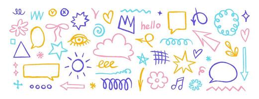 Crayon drawn doodle set, shapes, line and simple elements. Hand drawn brush highlight, arrow, speech bubble cloud, illustrations vector