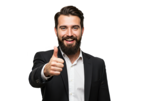 A confident man with a beard, wearing a black suit and white shirt, giving a thumbs-up gesture while smiling isolated on transparent background png
