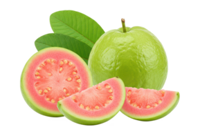 A close-up view of a fresh green guava with leaves, accompanied by a sliced guava revealing its pink flesh and seeds isolated on transparent background png