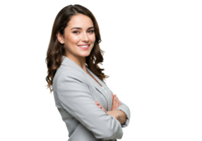 A professional woman in a light gray blazer, standing sideways and slightly turned to face the camera, arms crossed, smiling confidently isolated on transparent background png
