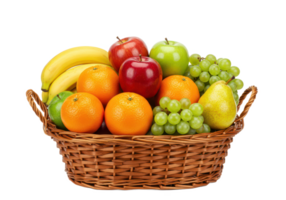 A wicker basket filled with an assortment of fresh fruits, including bananas, apples, oranges, grapes, and pears isolated on transparent background png