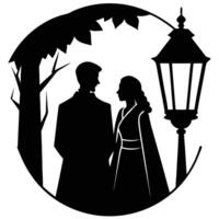 Romantic Silhouette of a Couple Under a Lantern at Night on White Background vector