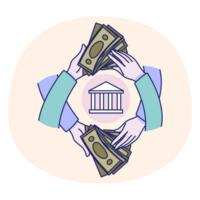 Two hands holding money and a bank building png