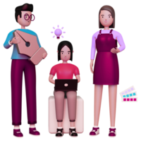 Three people are standing around a laptop and a pink laptop png