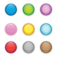 Big set of colorful glossy badge or button. 3d render. Round plastic pin, emblem, volunteer label. . vector