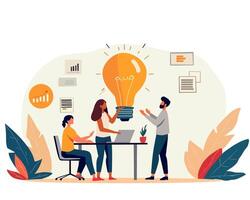 Creative illustration of a team brainstorming session. Three people collaborate around a table, discussing ideas with a giant light bulb symbolizing innovation and teamwork. vector