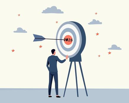 businessman aiming at a dartboard with 2025 in the bullseye, symbolizing future goals and strategic planning. Flat design with clouds and stars in the background vector