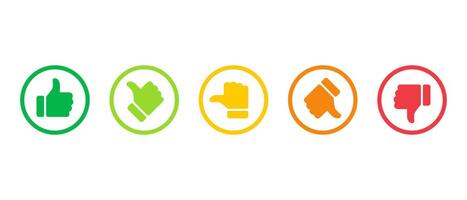 Rating, feedback scale thumb color icon on circle outline. Excellent, good, average, poor, and bad thumb color sign symbol vector