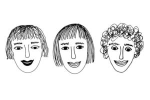 Sketch of smiling young characters on isolated background. Hand drawn different kind portrait of happy people. Emotions face, lifestyle, society, friendship. Design elements for card, sign vector