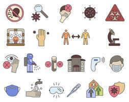 Bright colored icons with outlines related to the virus and its treatment. Preventing the spread of the virus. Virus and its treatment. vector