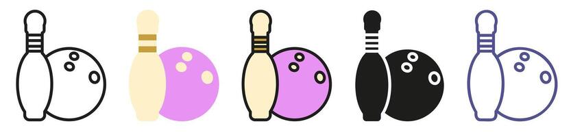 Bowling ball and pin in different styles. Set of bowling ball and skittles. vector