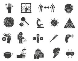 Dark icons related to the virus and its treatment. Preventing the spread of the virus. Virus and its treatment. vector