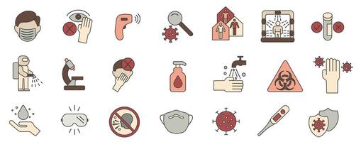 Colored icons with outlines related to the virus and its treatment. Preventing the spread of the virus. Virus and its treatment. vector