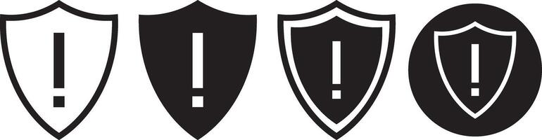 Shield exclamation mark icon set. Protect shield security symbol. Different style shields exclamation check mark icons. Safety or protection sign vector