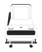 Front view of hospital bed with adjustable backrest black and white 2D line object. Medical furniture with rolling wheels isolated clip art outline item. Monochromatic spot illustration vector