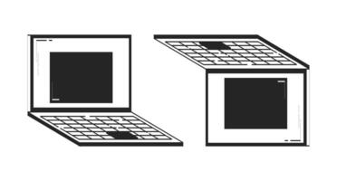 Two open laptops placed side by side doodle linear objects set. Notebooks with keyboards, touchpads 2D outline clip arts drawings isolated on white. Hand drawn sketch illustrations collection vector