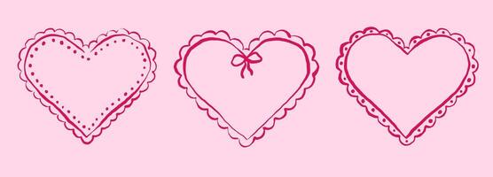 Set of scallop frame heart shape. Vintage element for greeting card. Simple Badges with Zig Zag Borders in doodle ink style vector