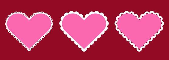 Set of scallop frame heart shape. Vintage element for greeting card. Simple Badges with Zig Zag Borders. Pink color vector