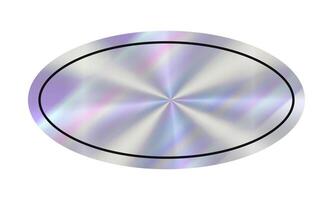 Metallic oval features a shiny, reflective surface that showcases a blend of colors and light effects. Empty Holographic sticker. Hologram emblem or label with place for your text. vector