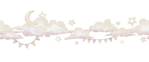 Watercolor Border with soft clouds, stars, and a crescent moon. Illustration of a seamless pattern for baby shower invitations, birthday cards, or nursery designs. Pastel frame for childish design. vector