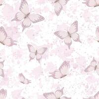 Seamless watercolor Pattern with pastel pink Butterflies on isolated background with splashes. Illustration of Backdrop for wallpapers, wrapping paper, textile designs or nursery. Ornament for linen. vector