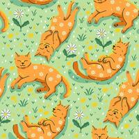 Seamless pattern with cats sleeping on a chamomile meadow. graphics. vector