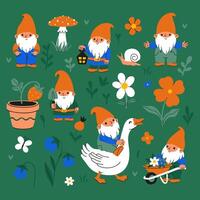 Set of cute garden gnomes in red hats. graphics vector