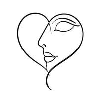 Line profile, fashion concept, minimalist print of a girl with a heart, illustration. Saint valentines day minimalistic drawing vector