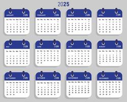 Monthly calendar template for 2025 year. Wall and Desk calendar in a minimalist style. Week Starts on Sunday. vector