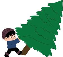 A boy is pulling down a Christmas tree on a snowy day vector