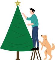 man and dog decorating a Christmas tree with lights and ornaments vector