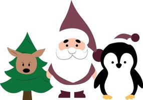 Santa, reindeer, and penguin peeking from the side, Merry Christmas tree design vector