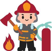 fire fighter with axe and extinguisher vector