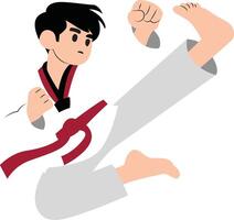 Korean Boy in Red Belt Taekwondo Uniform doing jump kick vector