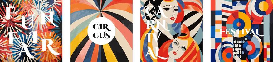 Carnival and Funfair creative retro art square banner set. Circus and Festival vintage typography print design collection. Placard with text on colorful abstract pattern. Modern trendy eps cover vector