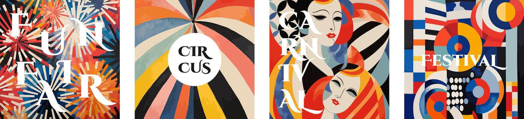 Carnival and Funfair creative retro art square banner set. Circus and Festival vintage typography print design collection. Placard with text on colorful abstract pattern. Modern trendy eps cover