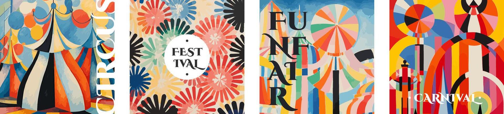 Circus and Carnival creative retro art square banner set. Festival and Funfair vintage typography print design collection. Holiday promo text on colorful abstract pattern flyer. Modern trendy cover