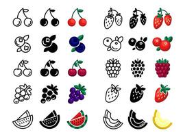 Berry and fruits icon set. Summer pictogram. Strawberry and raspberry sign. Melon and watermelon symbol. Blueberry and grape illustration. vector