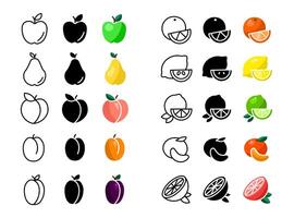 Fruits and citrus icon set. Plum pictogram. Apple and pear sign. Peach and apricot symbol. Lemon, lime, orange and tangerine citrus illustration. vector