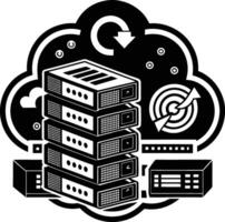 A black and white illustration of a server with a cloud vector