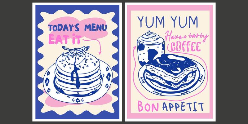 Poster in retro style for the kitchen and cafe. Vintage hand drawn illustration of breakfast food and coffee. Art for poster design, wall decor, background, prints. Bon appetit text