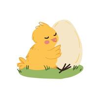 Cute yellow chicken hugging egg, sitting on grass. Concept for Easter. Hand drawn style isolated illustration. For d cor, textiles, design vector