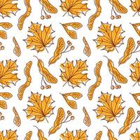 seamless illustration featuring playful doodles of maple leaves and seeds. The design showcases intricate details and vibrant lines, perfect for autumn-themed projects, textiles, backgrounds vector