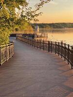 Wooden path winding through trees along the river bank at sunset photo