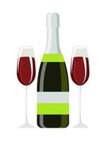 Bottle of wine and two glasses of red sparkling wine isolated on white background. vector