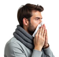 Man sneezing into a tissue, wearing a gray scarf and sweater, isolated on transparent background, concept of cold and flu discomfort png