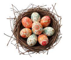Vibrantly adorned Easter eggs with intricate floral designs nestled in a rustic twig nest, against a transparent background png